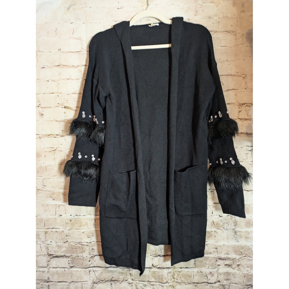 Sioni Open Front Cardigan Hooded Medium In Black Faux Fur Jewel Beads Pockets